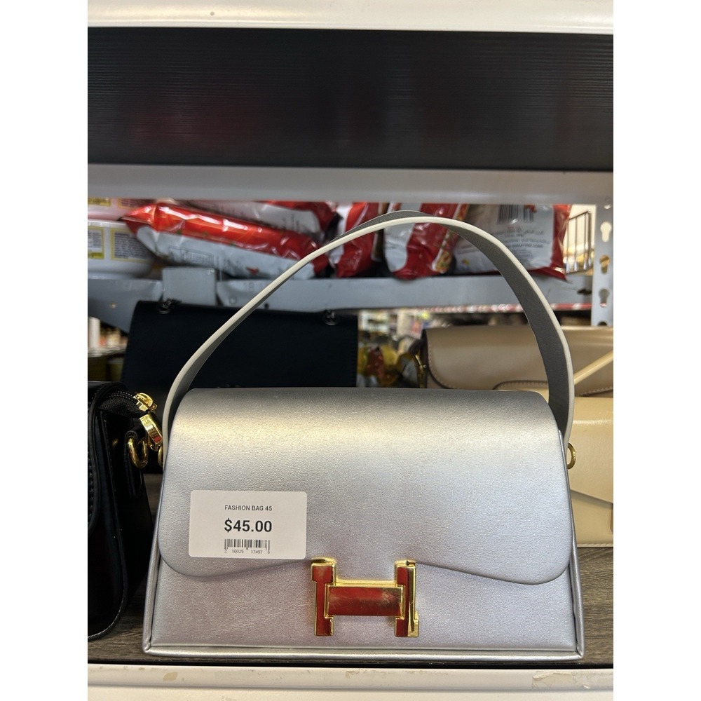 Silver Metallic Rectangle Top Handle Flap Bag Gold Buckle Hardware Handbag